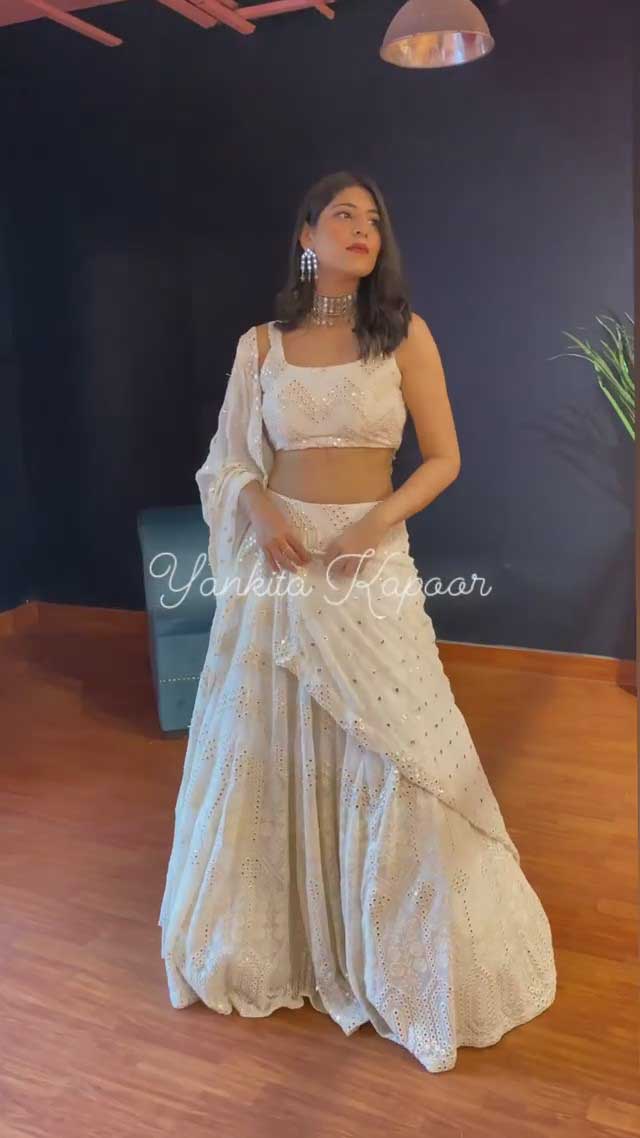 RTC 6221 White Lehenga : Georgette Work : Heavy Embroidery With Sequence Work Blouse : Georgette Party, Festive, Events Etc.@1999/- Only | Lehenga, Bollywood Lehenga, Creative Lehenga, Designer Lehenga, Embroidered Lehenga, Party Wear Lehenga