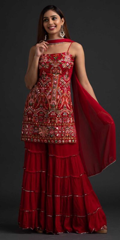 NSR 1301 Red Top : Georgette Work : Heavy Embroidery With Real Mirror Work Sharara : Georgette Wedding, Party, Festive, Events @1849/- | Salwar suit, Casual Suits, Creative suits, Designer Suits, Palazzo Suits, Party Wear Suits, Straight Suits