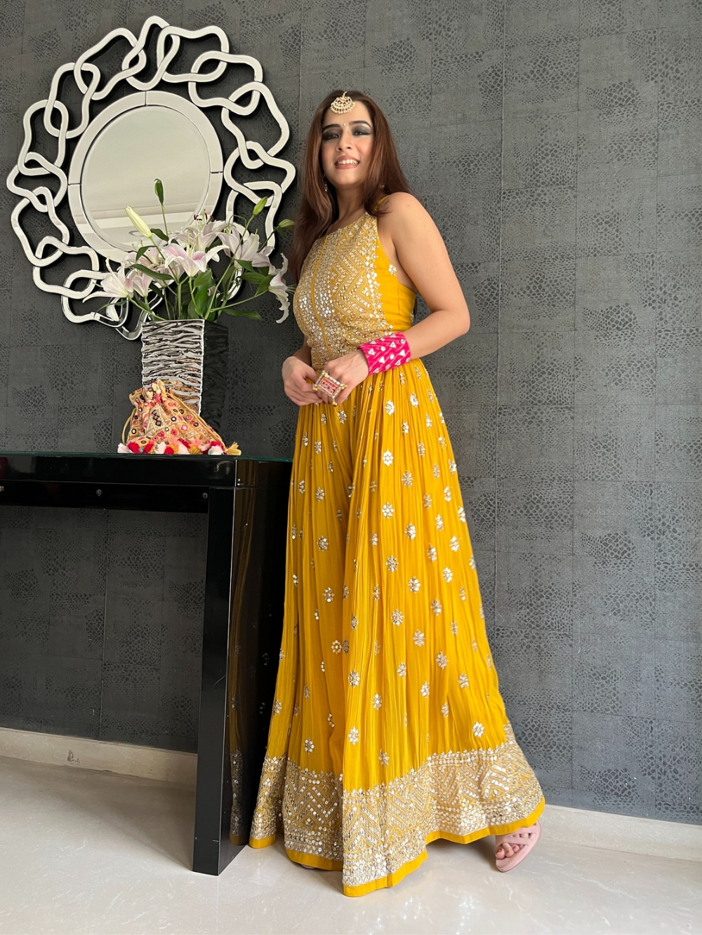NSR 555 Yellow Jumpsuit : Heavy Faux Georgette Work : Heavy Embroidery With Sequin Work Flair : Each Leg 1.5 M Casual, Party @1699/- | Jump Suits, Salwar suit, Casual Suits, Creative suits, Designer Suits, Palazzo Suits, Party Wear Suits, Straight Suits