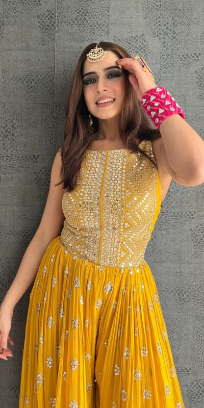 NSR 555 Yellow Jumpsuit : Heavy Faux Georgette Work : Heavy Embroidery With Sequin Work Flair : Each Leg 1.5 M Casual, Party @1699/- | Jump Suits, Salwar suit, Casual Suits, Creative suits, Designer Suits, Palazzo Suits, Party Wear Suits, Straight Suits