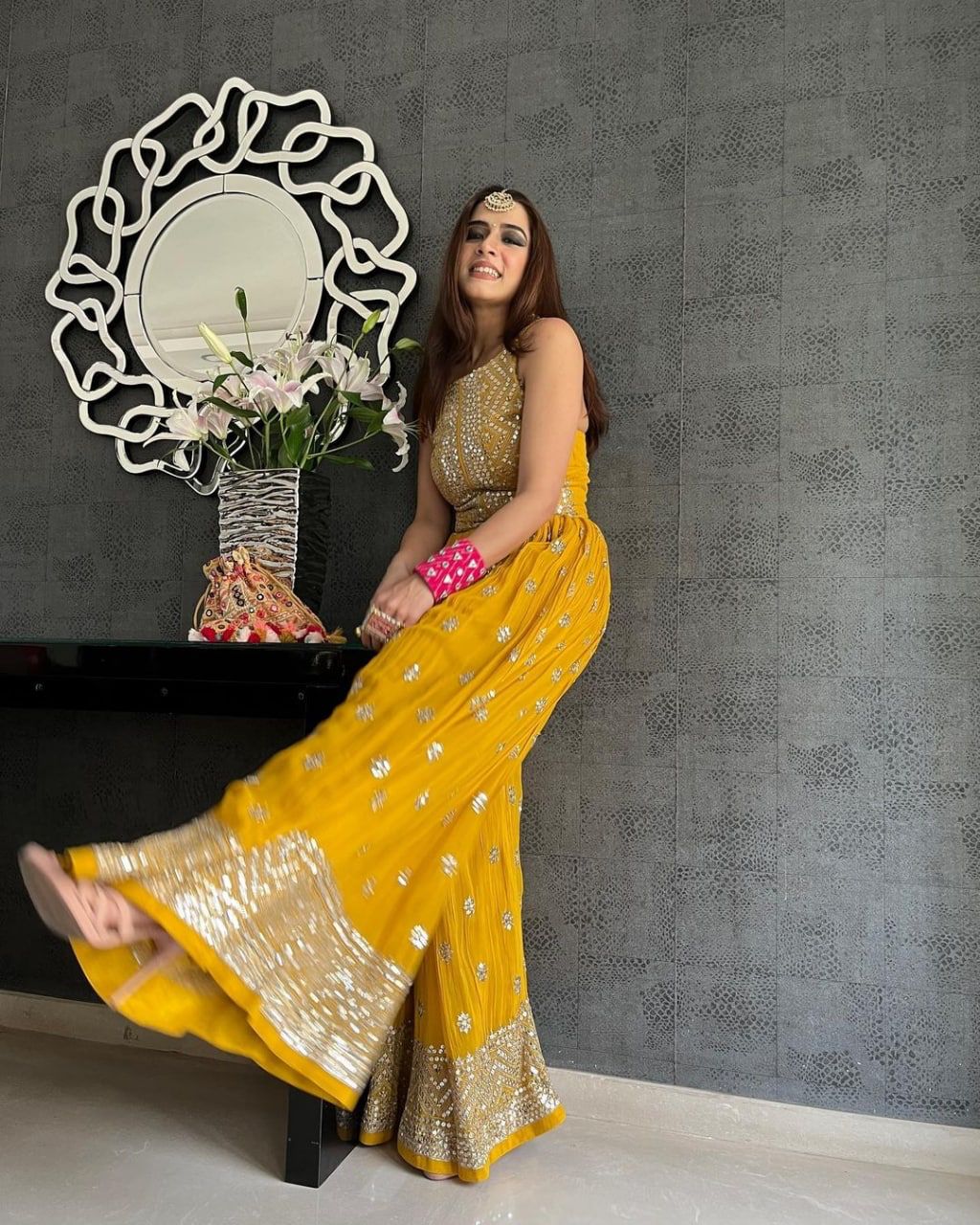 NSR 555 Yellow Jumpsuit : Heavy Faux Georgette Work : Heavy Embroidery With Sequin Work Flair : Each Leg 1.5 M Casual, Party @1699/- | Jump Suits, Salwar suit, Casual Suits, Creative suits, Designer Suits, Palazzo Suits, Party Wear Suits, Straight Suits