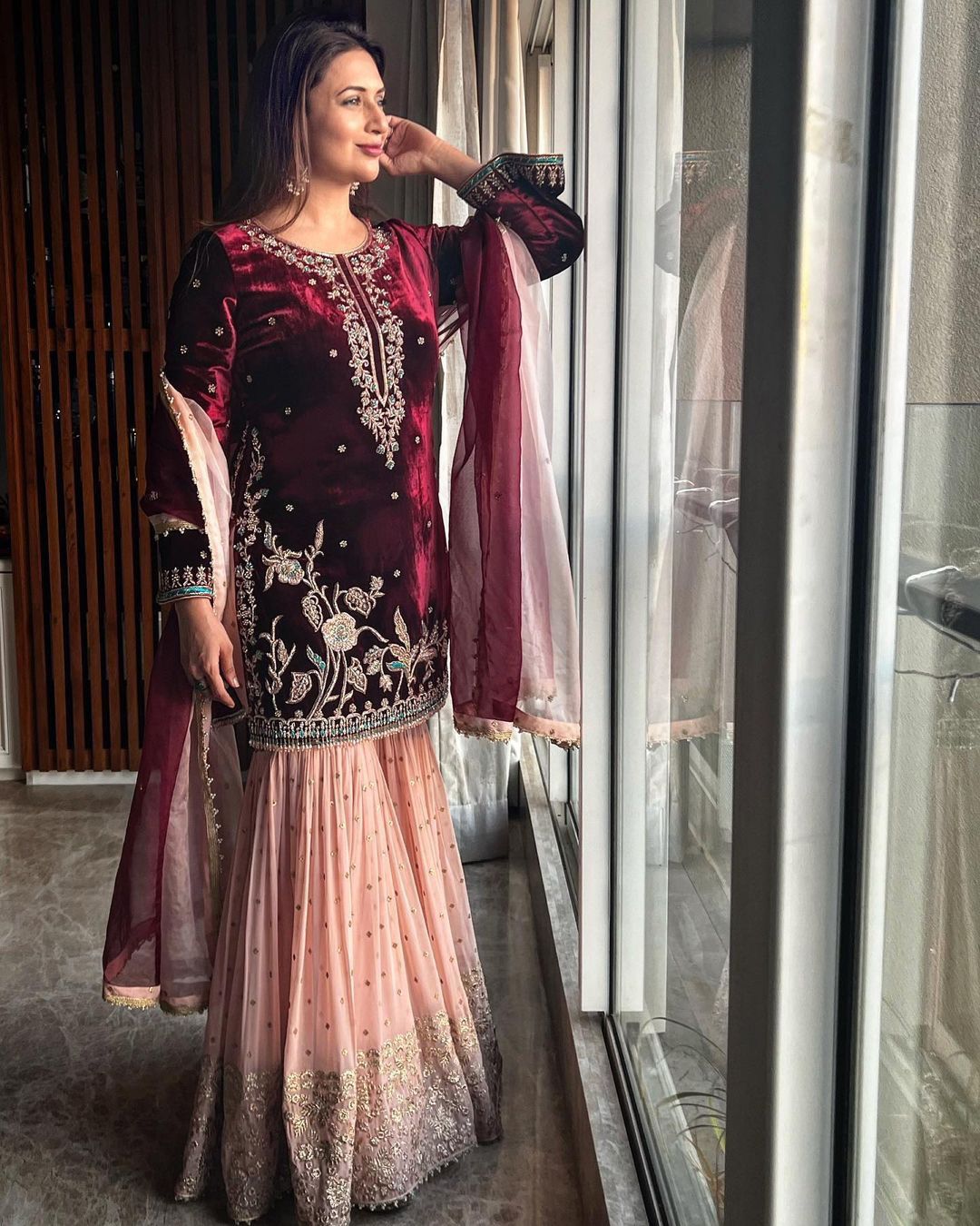 KD 1138 Maroon Top : Heavy Velvet Work : Thread Work Wedding, Party, Festive, Events Etc. Thread Work Sharara @2049 | Salwar suit, Casual Suits, Creative suits, Designer Suits, Palazzo Suits, Party Wear Suits, Straight Suits