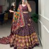 Wine Tussar Silk Patola Lehenga with Tassels