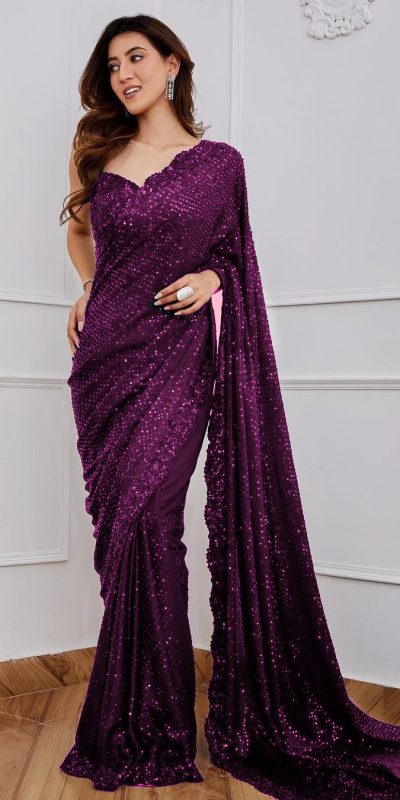 Classic Wine Color Full Saree Of Georgette Sequins Work Saree