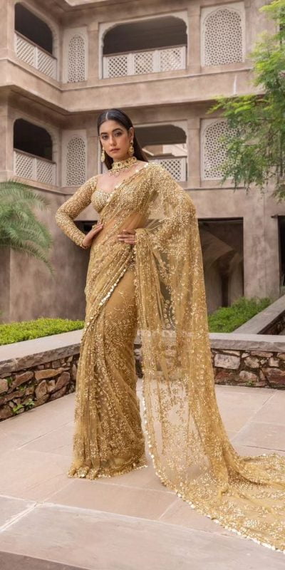 Dazzling Golden Color Mono Butterfly Net Embroidery work Saree