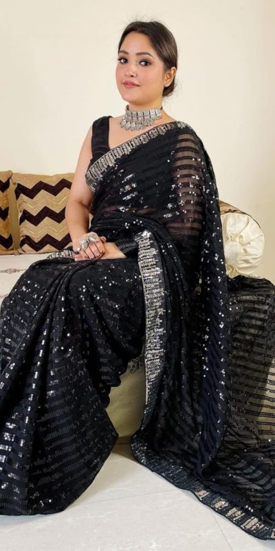 Good Looking Black Color Georgette Sequence Work Sequence lace Saree