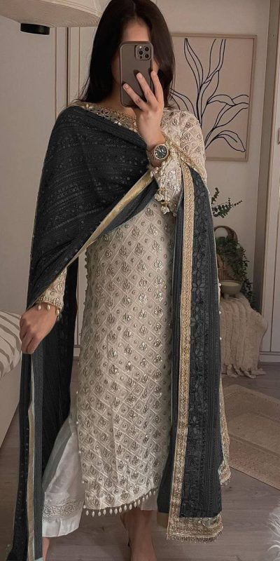 Pretty White Color Sequence Work Salwar Suit With Black Dupatta