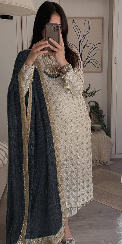 Pretty White Color Sequence Work Salwar Suit With Black Dupatta