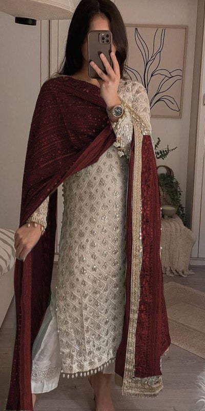 Pretty White Color Sequence Work Salwar Suit With Maroon Dupatta