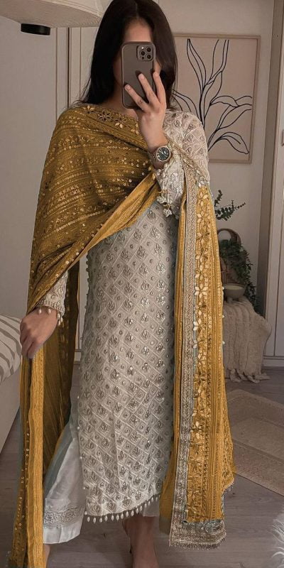 Pretty White Color Sequence Work Salwar Suit With Yellow Dupatta