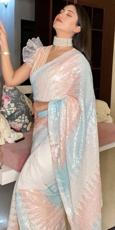 Stylish White Color Soft georgette shaded sequence work Saree