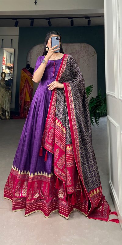 Traditional Wear Purple Color Tussar Silk Foil Printed Gown