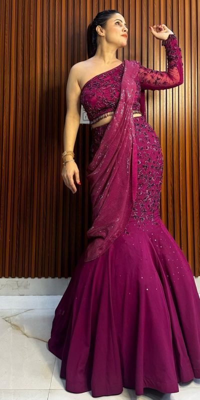 New Model Wine Color Georgette Thread Sequence Lehenga Saree