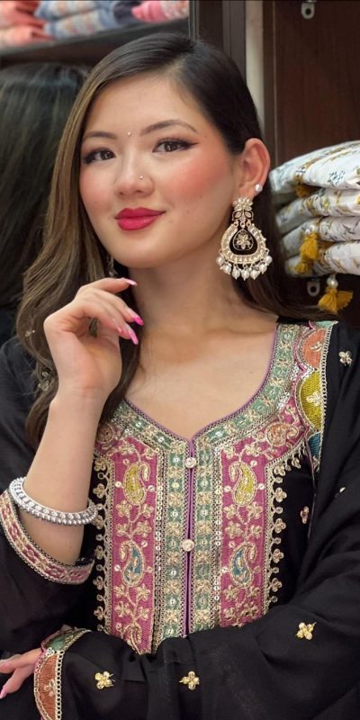 Cute Black Color Chinnon Silk Embroidery Sequence Salwar Suit