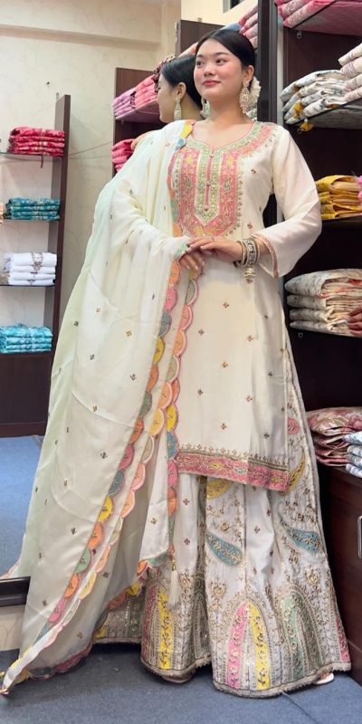 Cute White Color Chinnon Silk Embroidery Sequence Salwar Suit