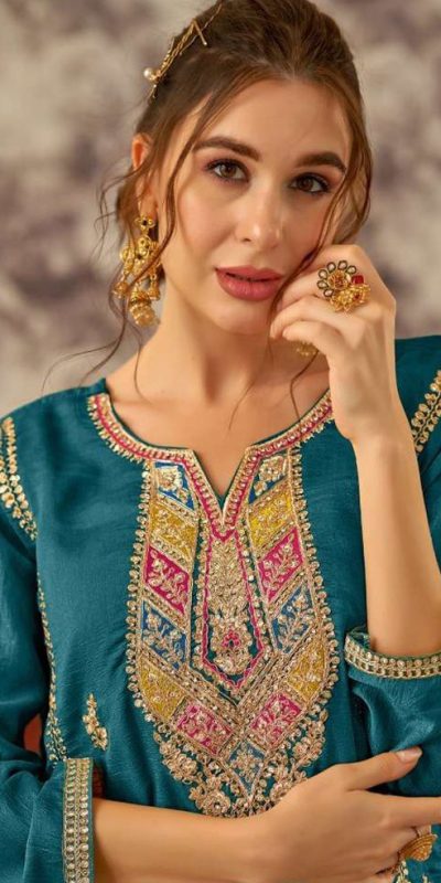Fancy Blue Color Vichitra Embroidery Codding Sequence Salwar Suit