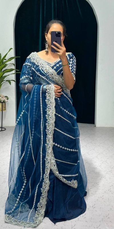 Fancy Royal Blue Color Blooming Vichitra Embroidery Lehenga Saree