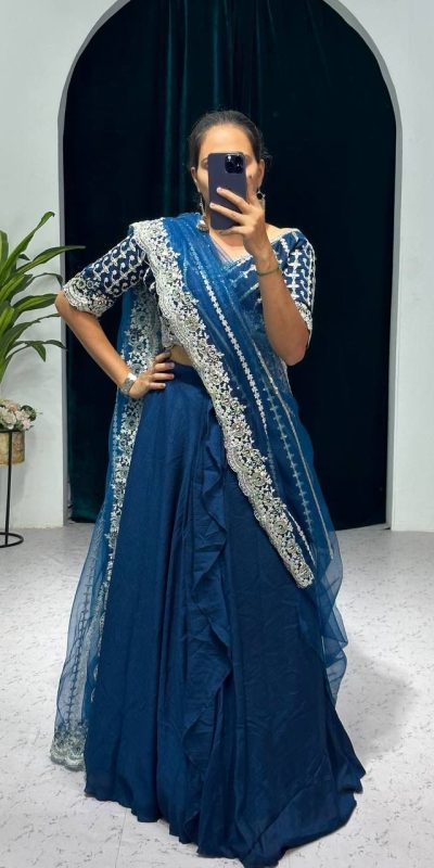 Fancy Royal Blue Color Blooming Vichitra Embroidery Lehenga Saree