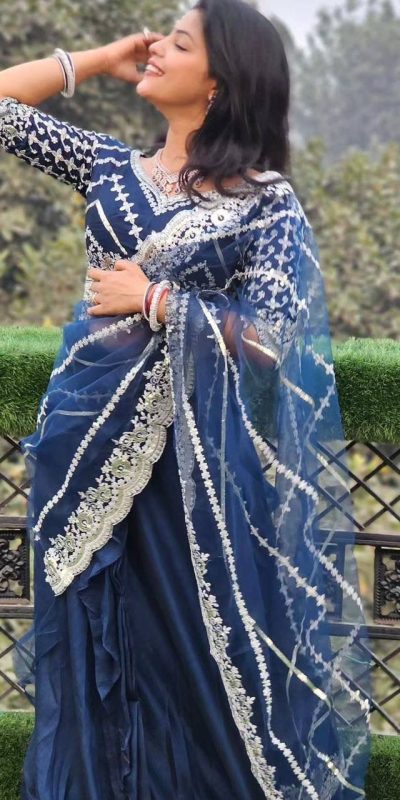 Fancy Royal Blue Color Blooming Vichitra Embroidery Lehenga Saree