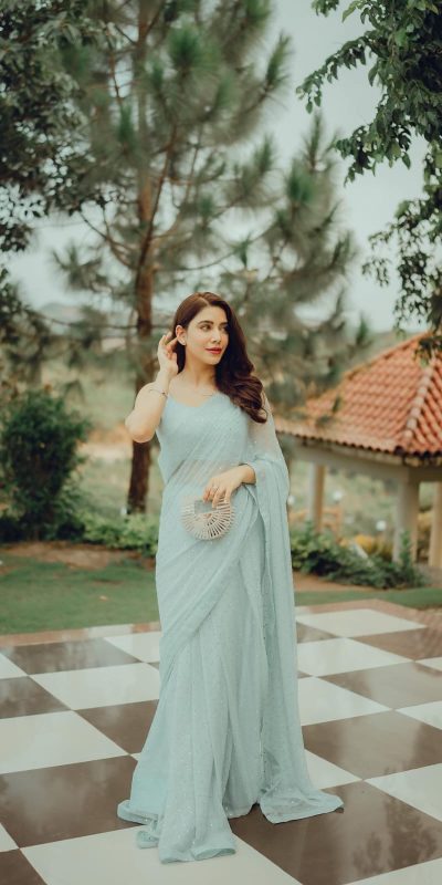 Grand Light Blue Color Georgette Sirvoski Support Lace Saree