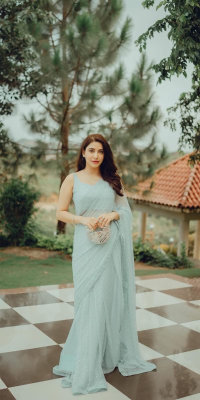 Grand Light Blue Color Georgette Sirvoski Support Lace Saree