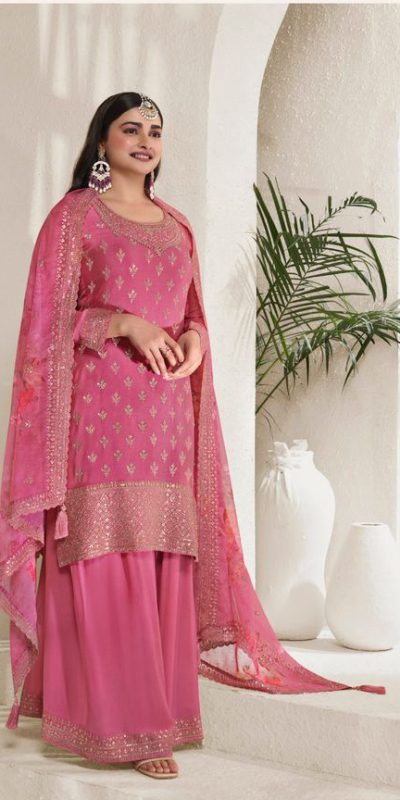 Grand Pink Viscose Chinon EmbroideredΒ Sequence Salwar Suit