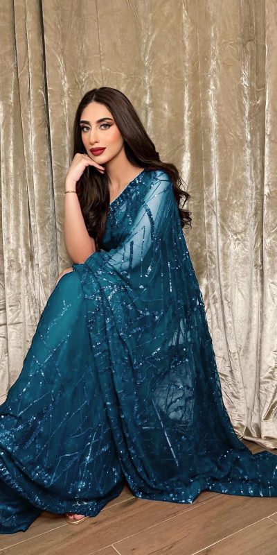 Majestic Blue Color Georgette Embroidery Sequence Piping Saree