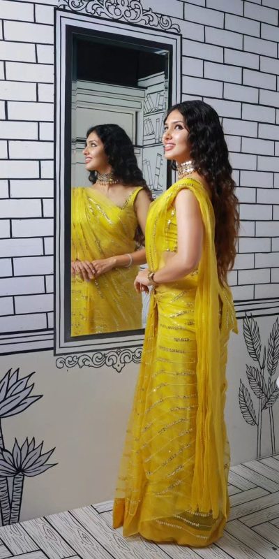 Peaceful Yellow Georgette Embroidery Sequence Tassels Saree