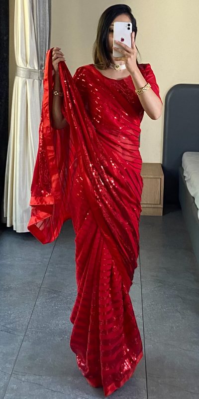 Splendorous Red Color Georgette Fancy Sequence Work Saree