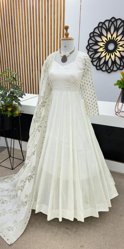 Aglow White Color Chinon Silk Embroidery Sequence Work Gown