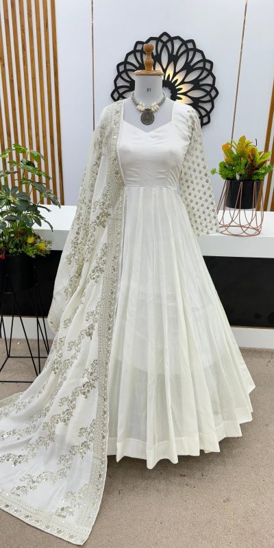 Aglow White Color Chinon Silk Embroidery Sequence Work Gown