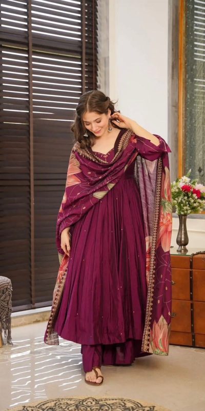 Superb Purple Color Chinnon Silk Embroidery Salwar Suit