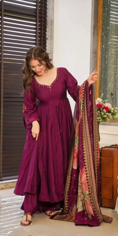 Superb Purple Color Chinnon Silk Embroidery Salwar Suit