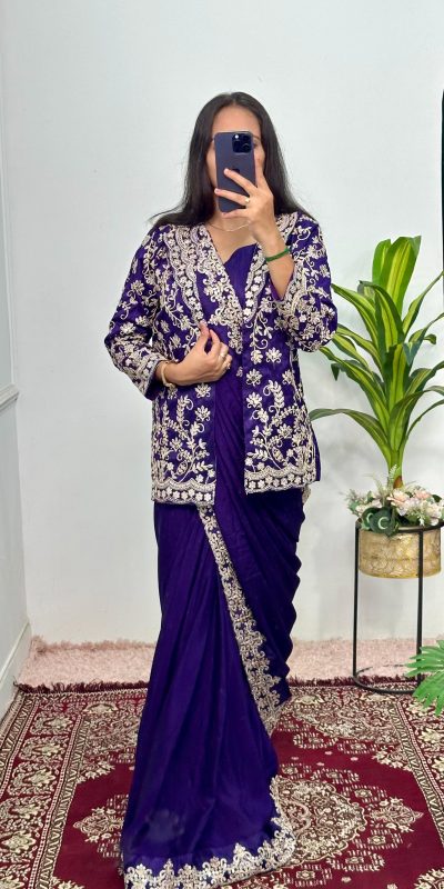 Pretty Royal Blue Color Chinon Embroidery Work Koti And Saree