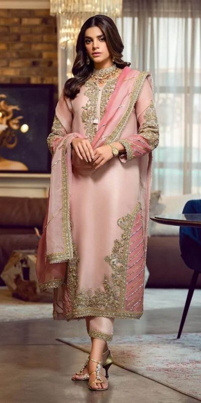 Aglow Light Peach Georgette Embroidery Sequence Salwar Suit
