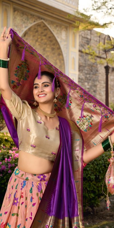 Artful Peach Color Jacquard Silk Weaving Zari Lehenga Choli