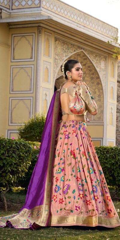 Artful Peach Color Jacquard Silk Weaving Zari Lehenga Choli