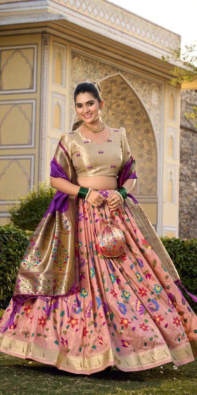 Artful Peach Color Jacquard Silk Weaving Zari Lehenga Choli