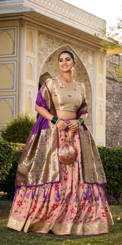 Artful Peach Color Jacquard Silk Weaving Zari Lehenga Choli