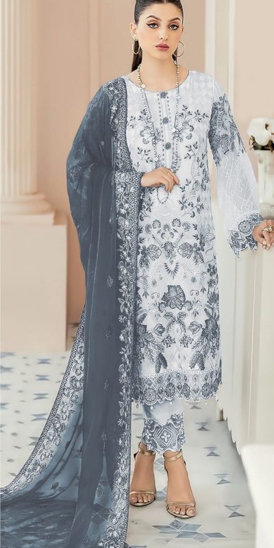 Classic White & Black Color Georgette Embroidery Salwar Suit
