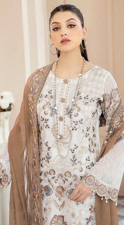 Classic White & Coffee Color Georgette Embroidery Salwar Suit
