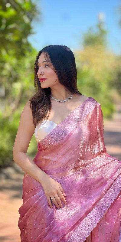 Fancy Onion Color Burberry Silk Diamond Sequins Saree