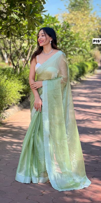 Fancy Pista Green Burberry Silk Diamond Sequins Saree