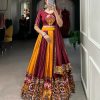 Mustard Rayon Printed Silk Work Lehenga Choli