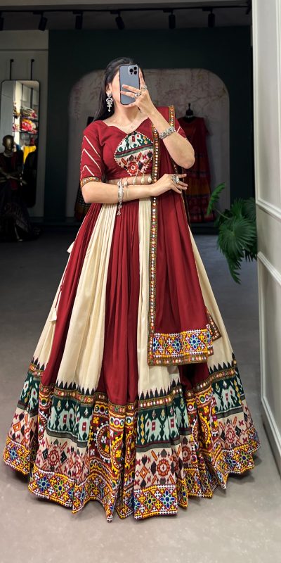 Majestic Off White Color RayonΒ Printed Silk Work Lehenga Choli