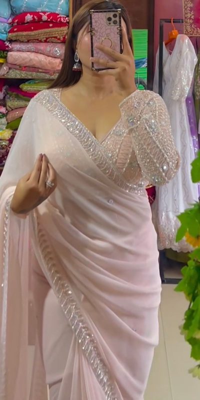 Peaceful Light Pink Color Georgette Thread Sequence Saree