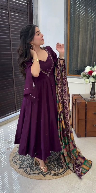 Peaceful Purple Color Chinnon Silk Embroidery Work Salwar Suit