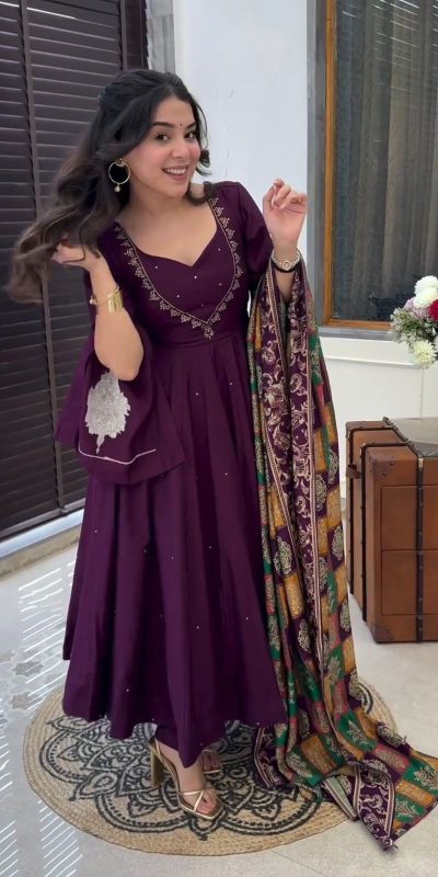 Peaceful Purple Color Chinnon Silk Embroidery Work Salwar Suit