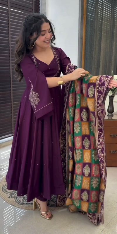 Peaceful Purple Color Chinnon Silk Embroidery Work Salwar Suit