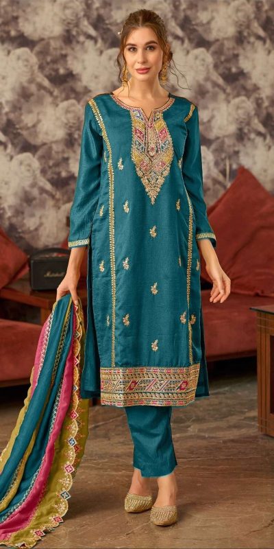 Pretty Blue Vichitra Embroidery Codding Sequence Salwar Suit